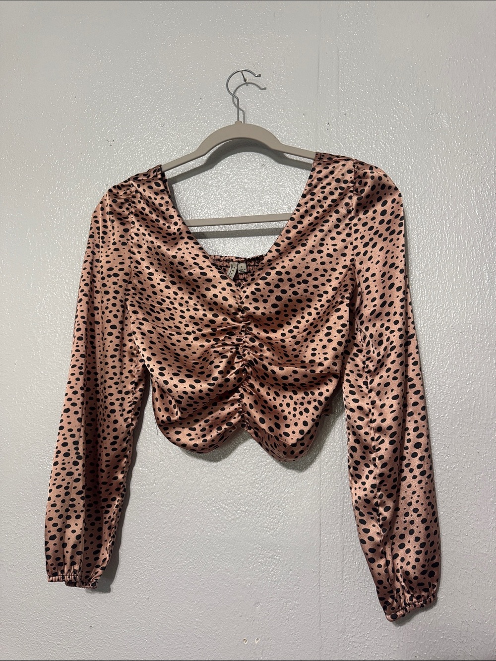 Feathers Satin Leopard Print Ruched Crop Top Blouse Pink